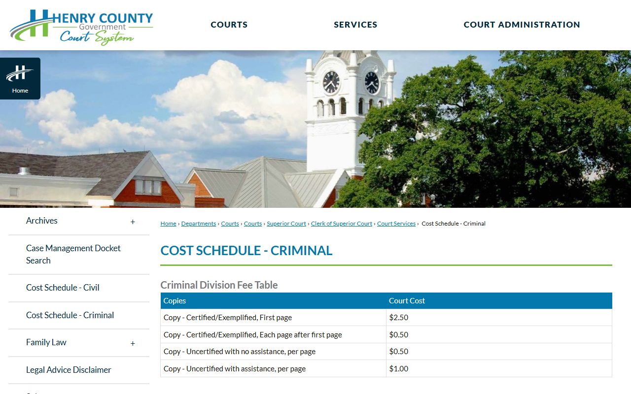 Henry County Clerk of Superior Court criminal cost schedule