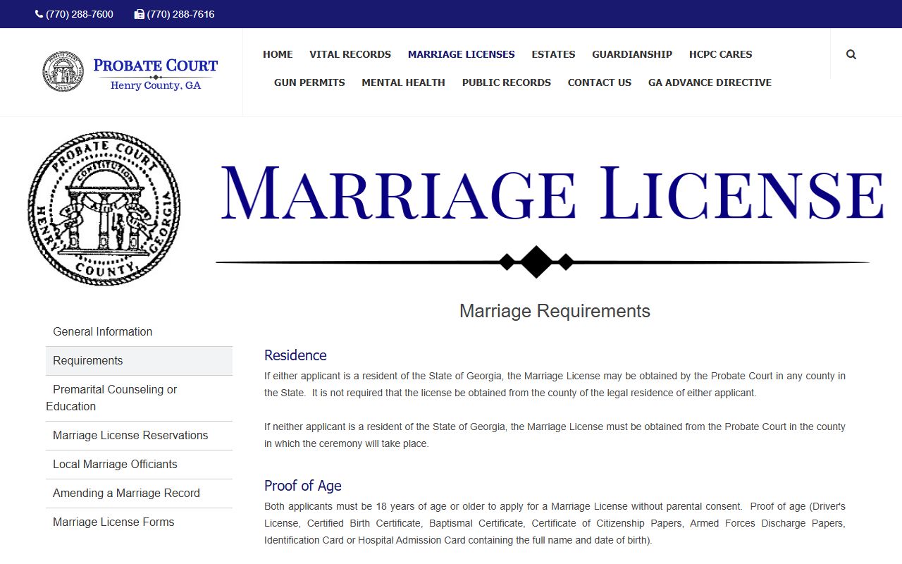 Henry County marriage records Probate Court marriage requirements