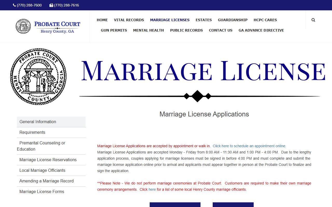Henry County marriage records Probate Court marriage license page