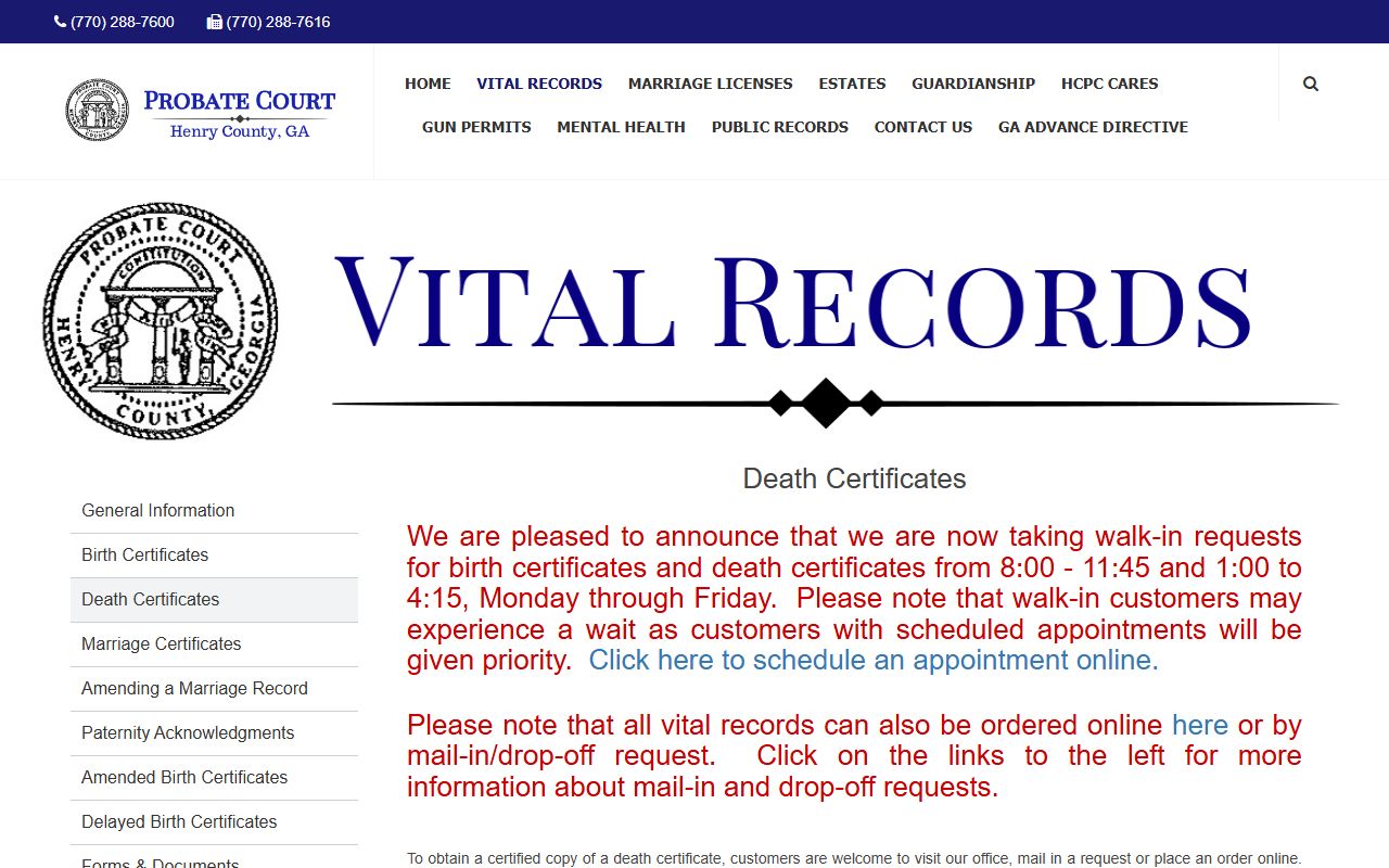 Henry County probate records death certificate page